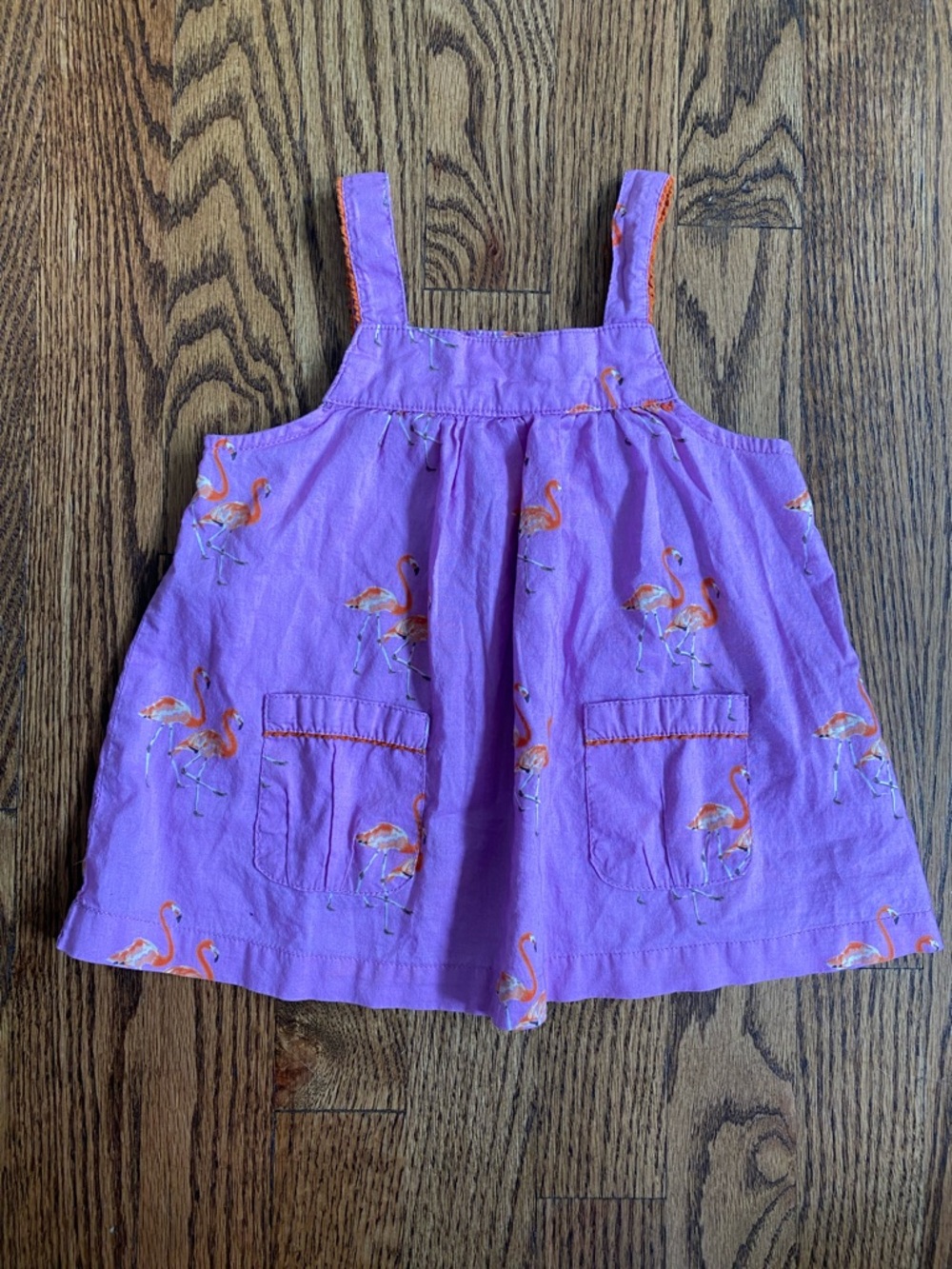 Pink Chicken pink-purple flamingo print sleeveless swing top, size 18-24M.